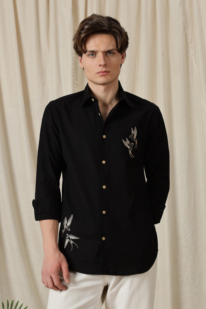 Dot Embroidery: Bird Black Linen Shirt