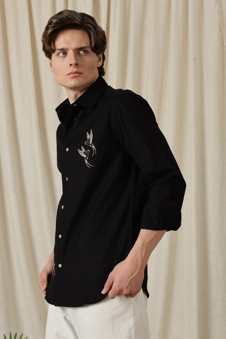 Dot Embroidery: Bird Black Linen Shirt