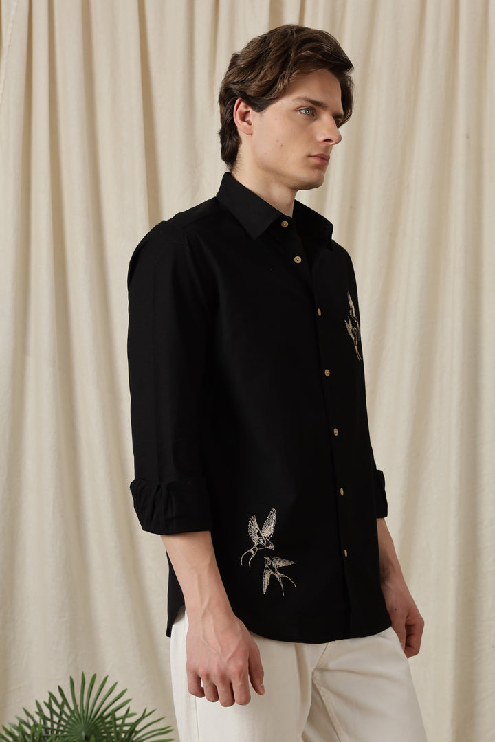 Dot Embroidery: Bird Black Linen Shirt