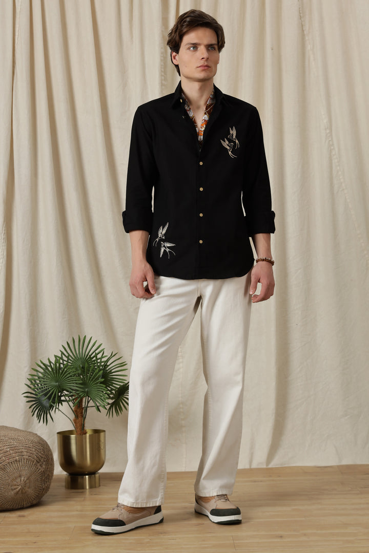 Dot Embroidery: Bird Black Linen Shirt