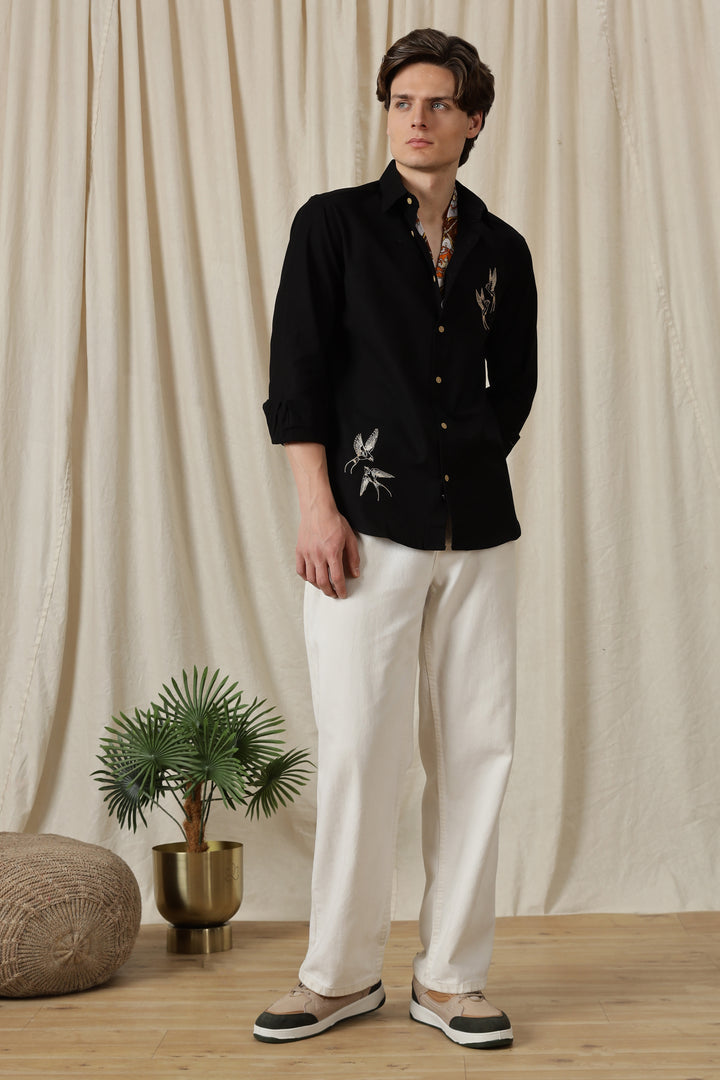 Dot Embroidery: Bird Black Linen Shirt