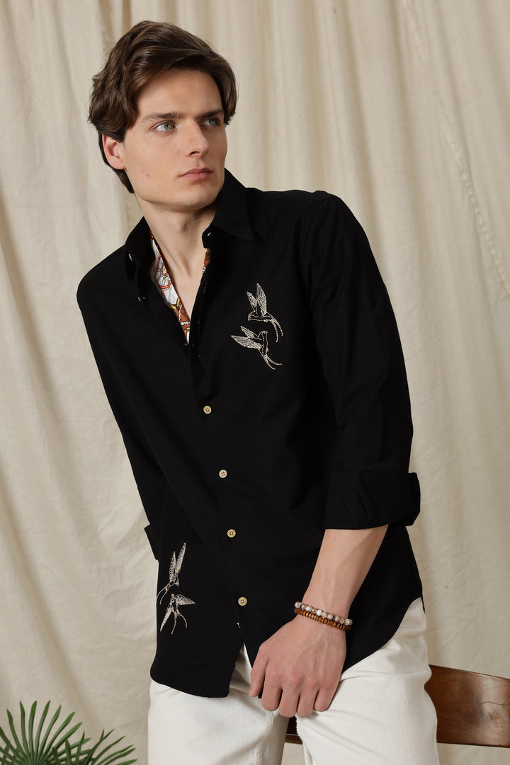Dot Embroidery: Bird Black Linen Shirt
