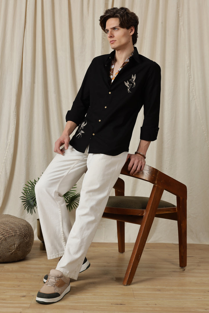 Dot Embroidery: Bird Black Linen Shirt