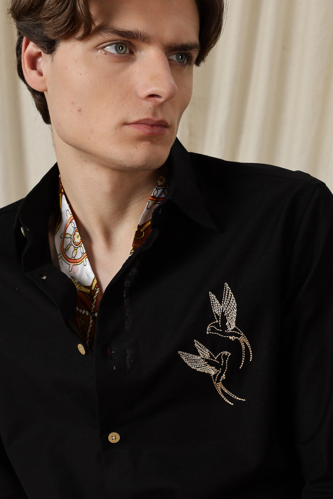 Dot Embroidery: Bird Black Linen Shirt