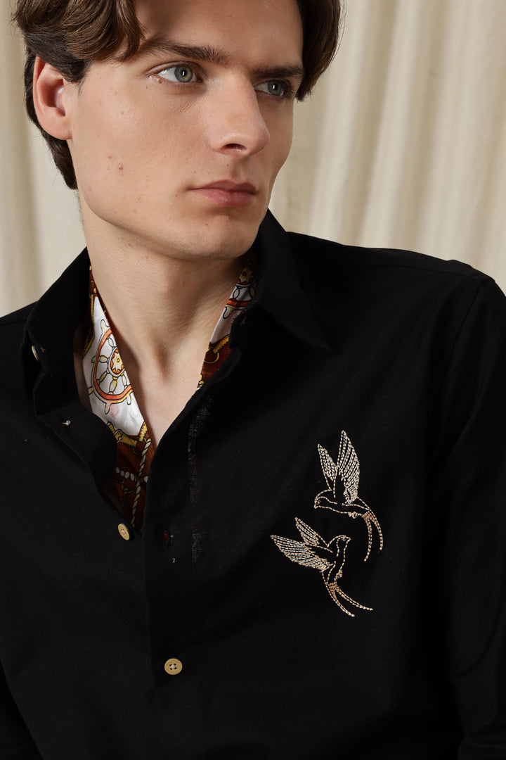 Dot Embroidery: Bird Black Linen Shirt