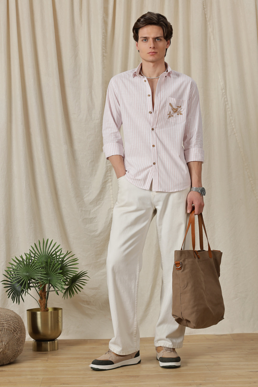 Pink Stripes: Perch Embroidery Shirt