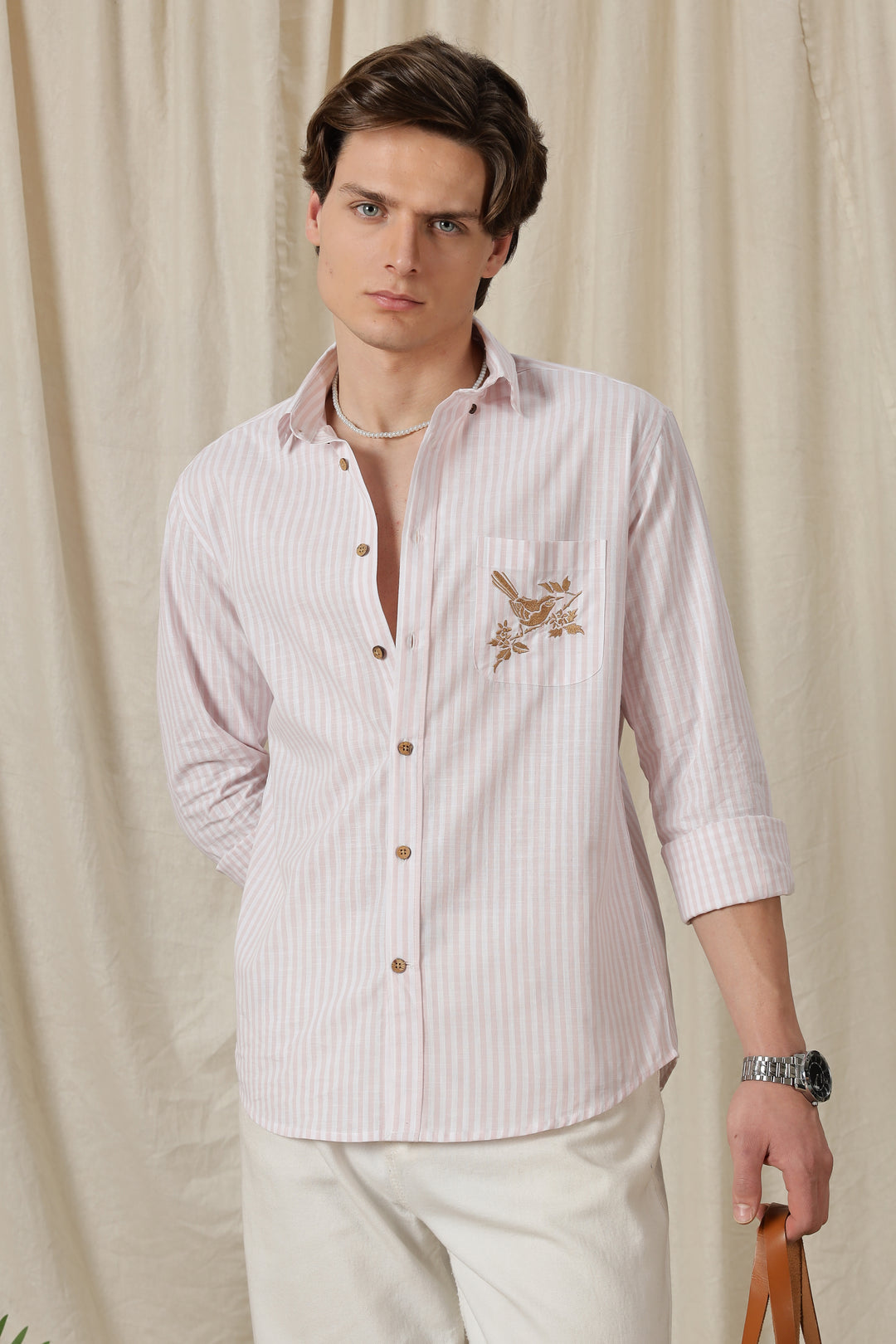 Pink Stripes: Perch Embroidery Shirt