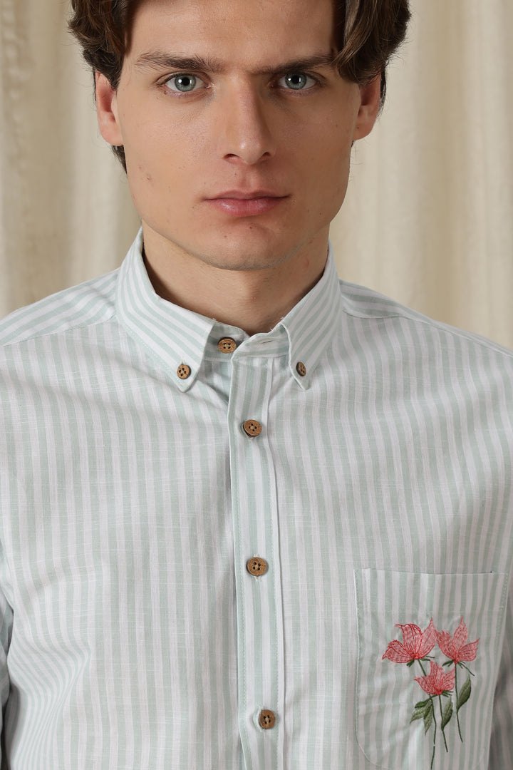 Pink Tulips: Embroidery Blue Stripes Shirt