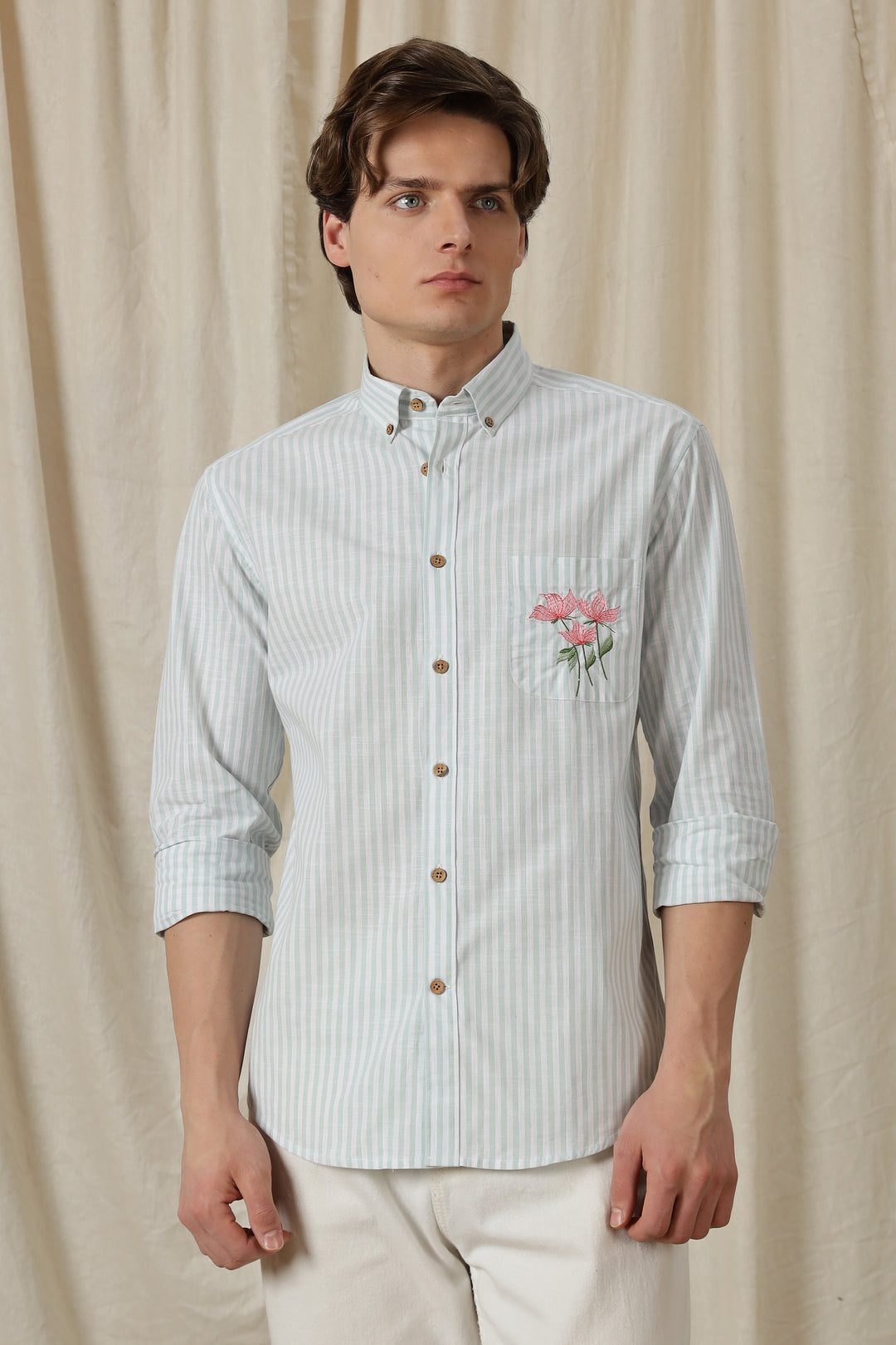 Pink Tulips: Embroidery Blue Stripes Shirt