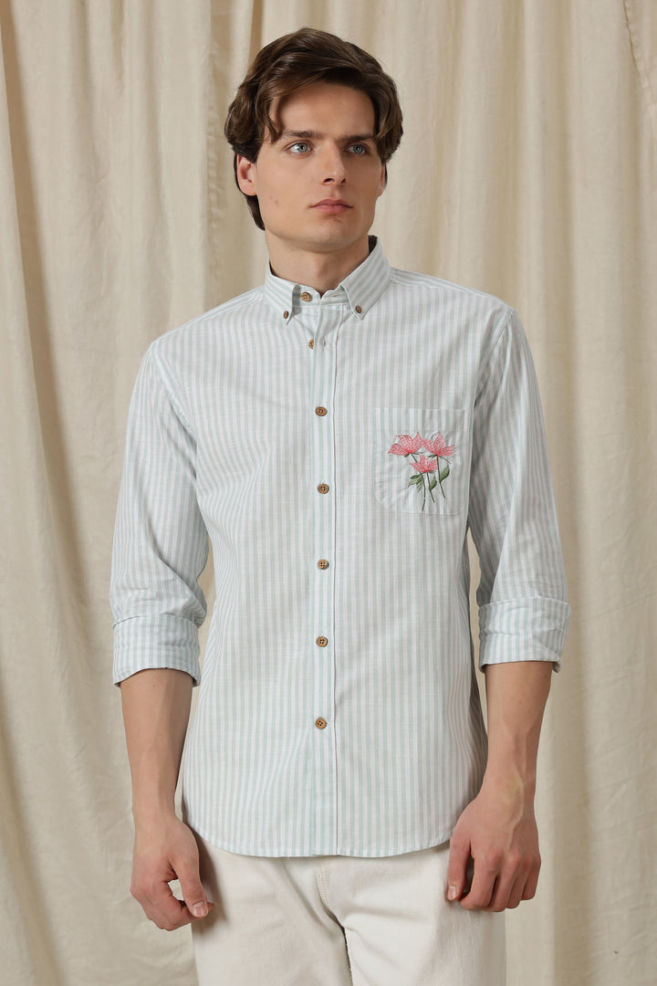 Pink Tulips: Embroidery Blue Stripes Shirt