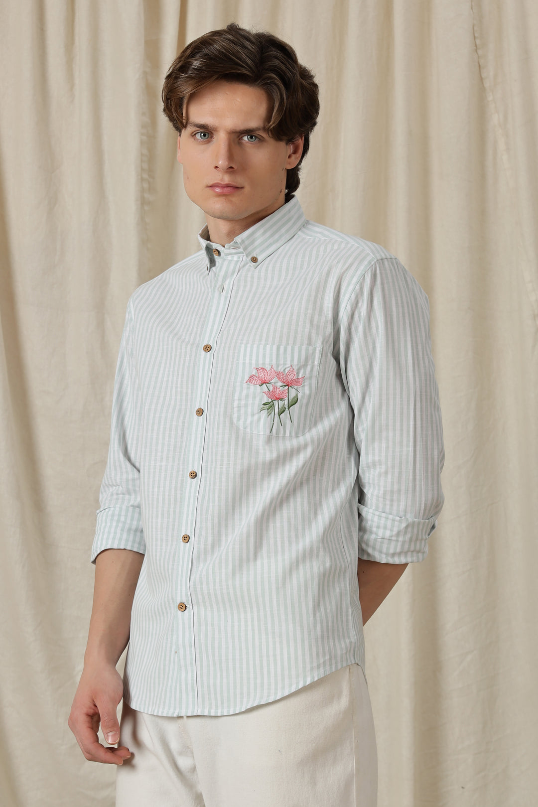 Pink Tulips: Embroidery Blue Stripes Shirt