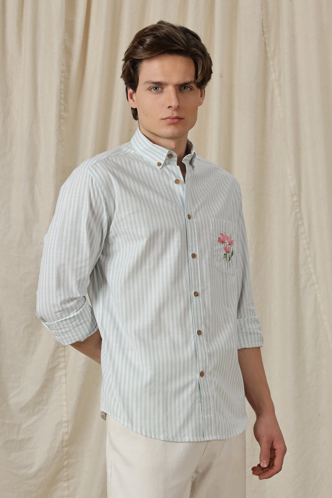 Pink Tulips: Embroidery Blue Stripes Shirt