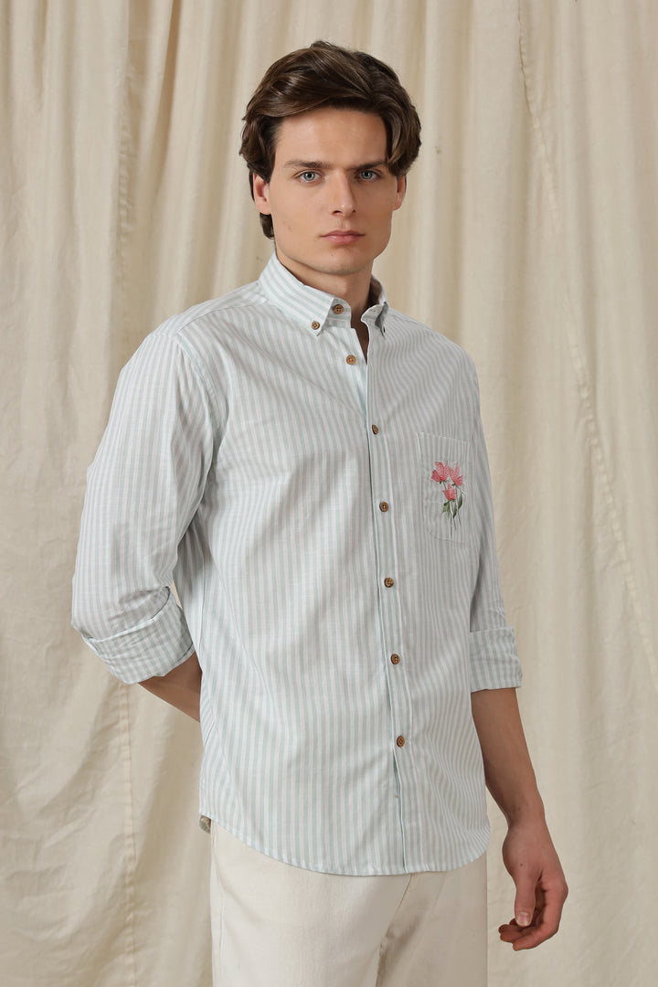 Pink Tulips: Embroidery Blue Stripes Shirt