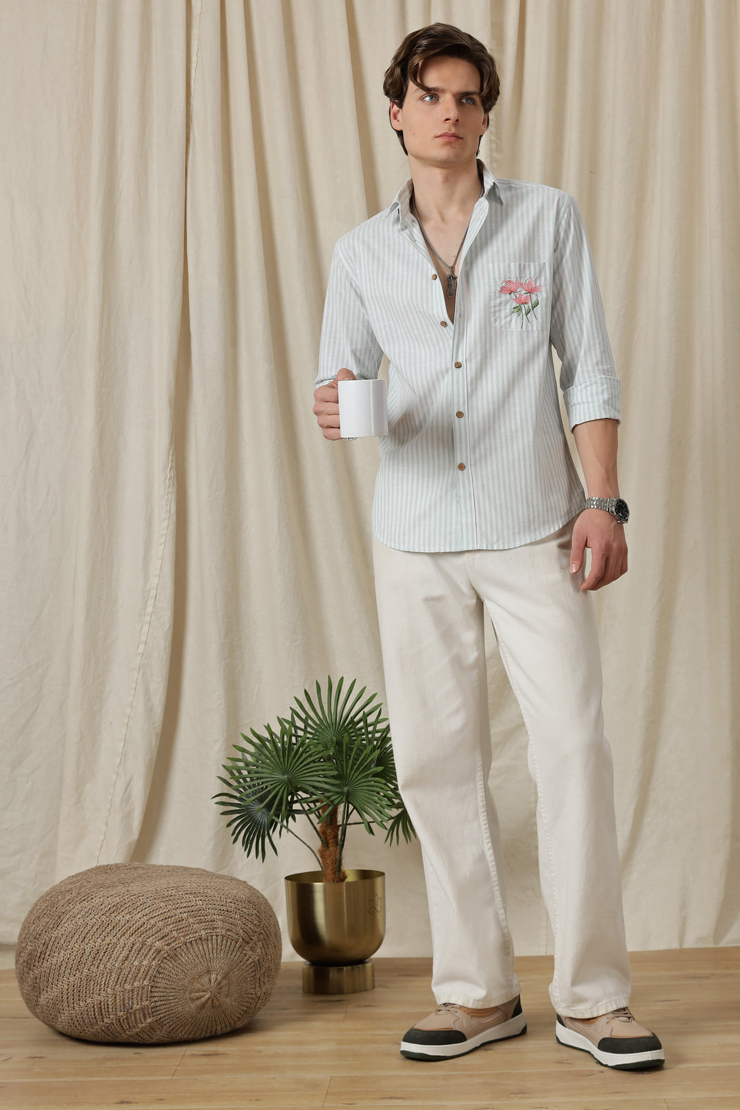 Pink Tulips: Embroidery Blue Stripes Shirt