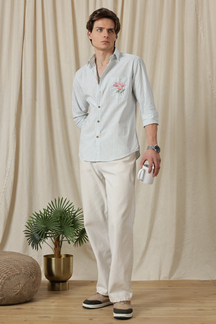 Pink Tulips: Embroidery Blue Stripes Shirt