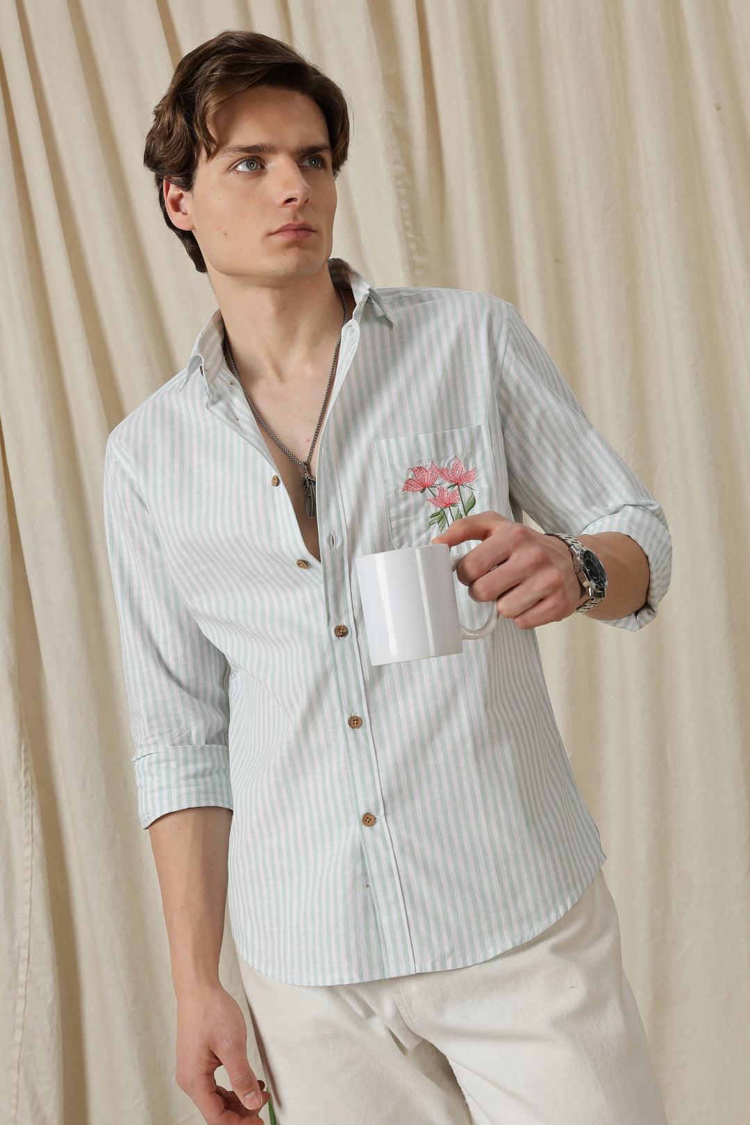 Pink Tulips: Embroidery Blue Stripes Shirt