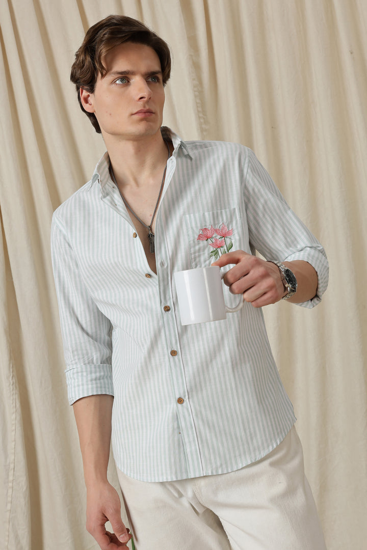 Pink Tulips: Embroidery Blue Stripes Shirt