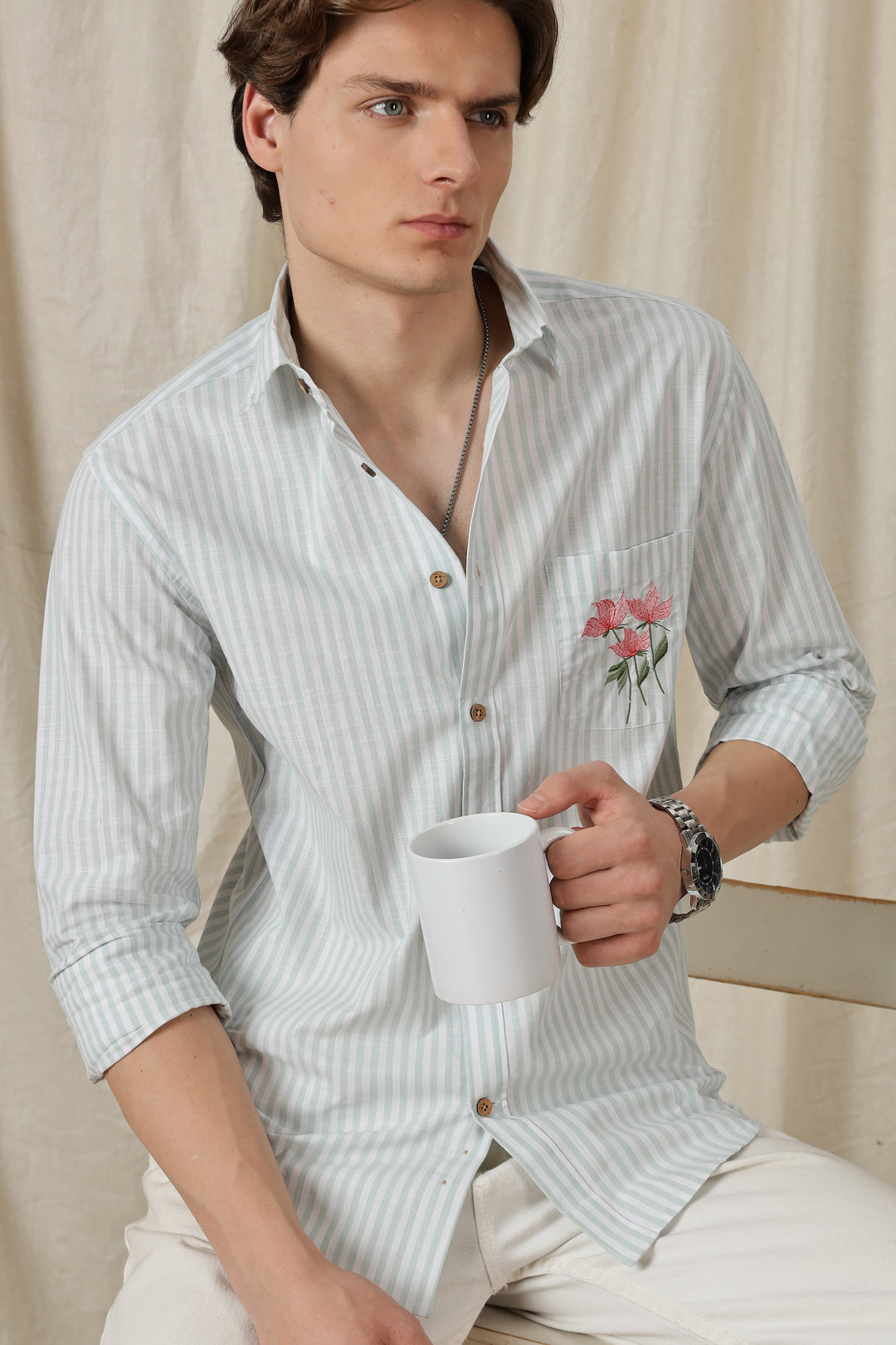 Pink Tulips: Embroidery Blue Stripes Shirt
