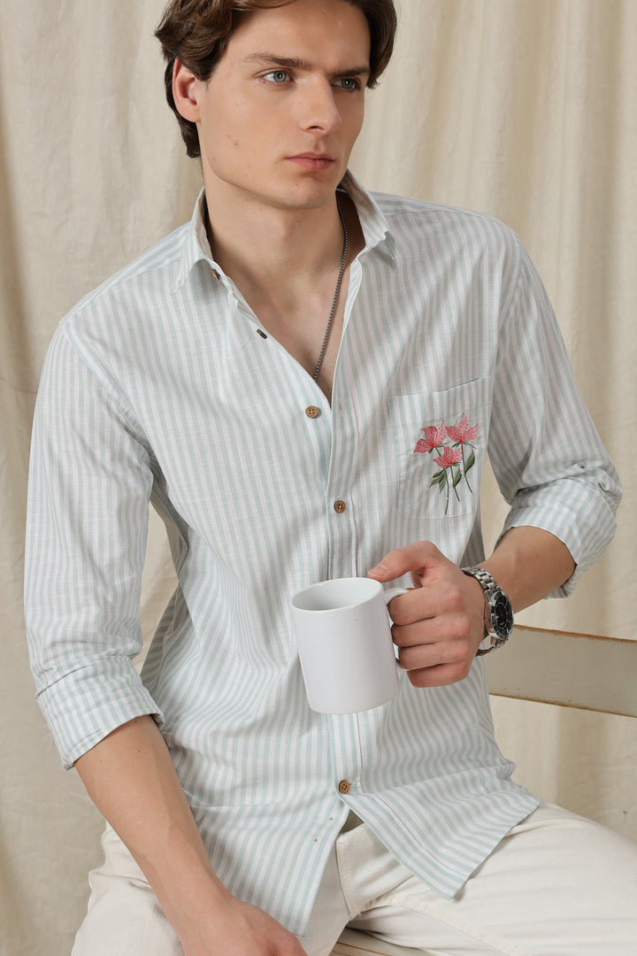 Pink Tulips: Embroidery Blue Stripes Shirt