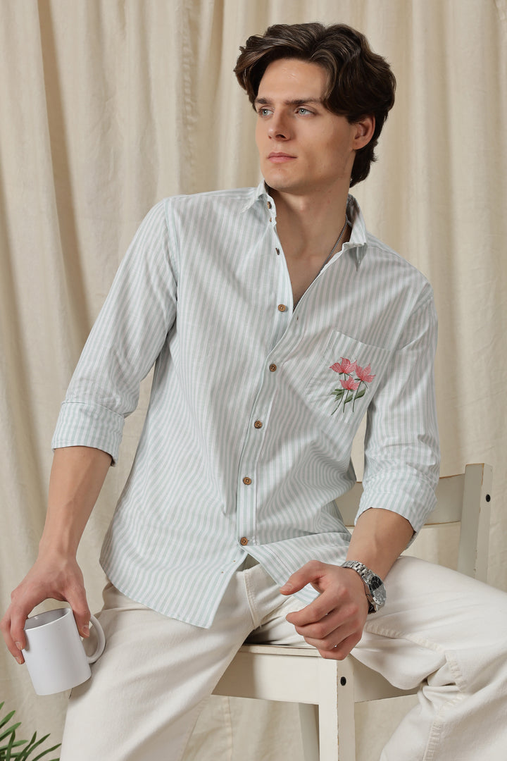 Pink Tulips: Embroidery Blue Stripes Shirt