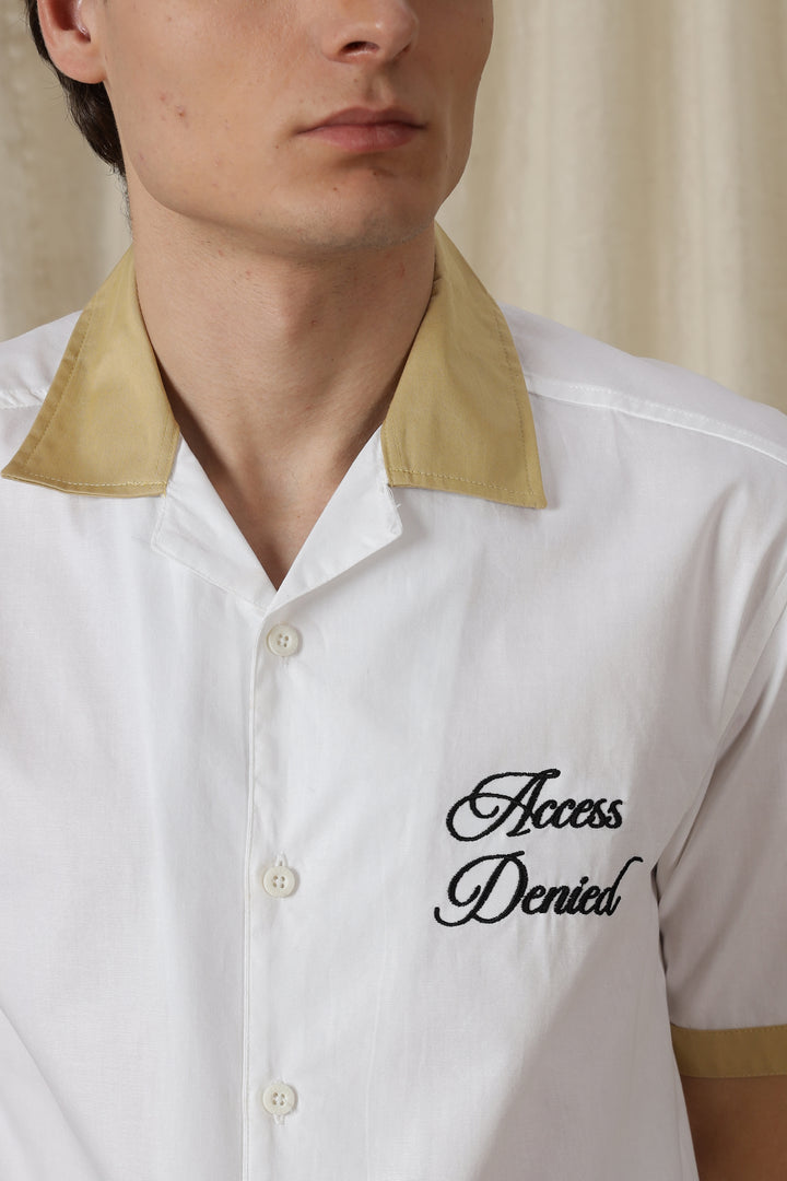 Access Denied: White Embroidery Cotton Cuban Shirt