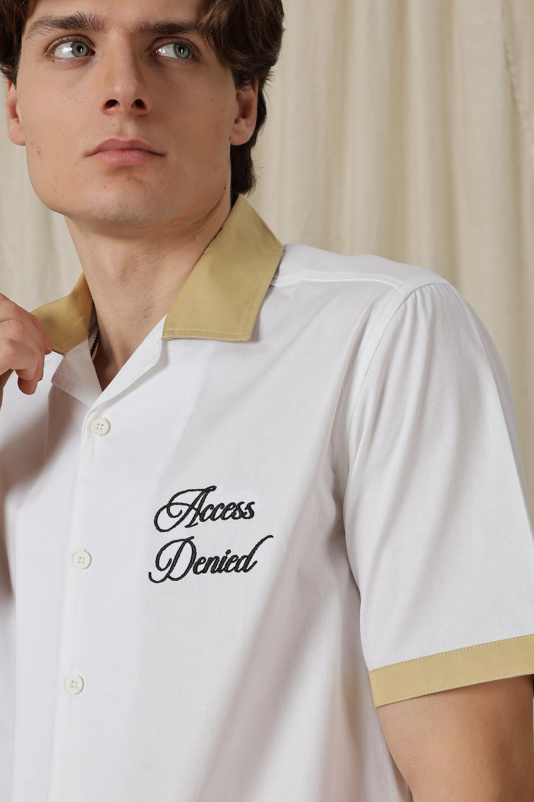 Access Denied: White Embroidery Cotton Cuban Shirt