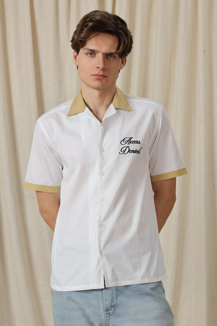 Access Denied: White Embroidery Cotton Cuban Shirt