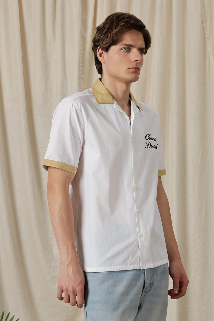Access Denied: White Embroidery Cotton Cuban Shirt