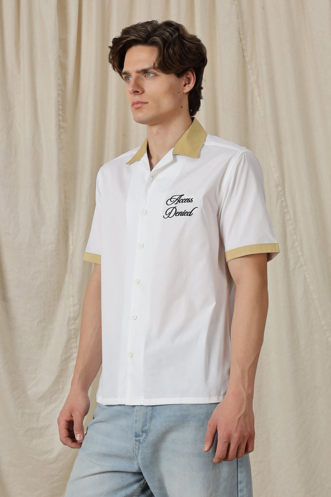 Access Denied: White Embroidery Cotton Cuban Shirt