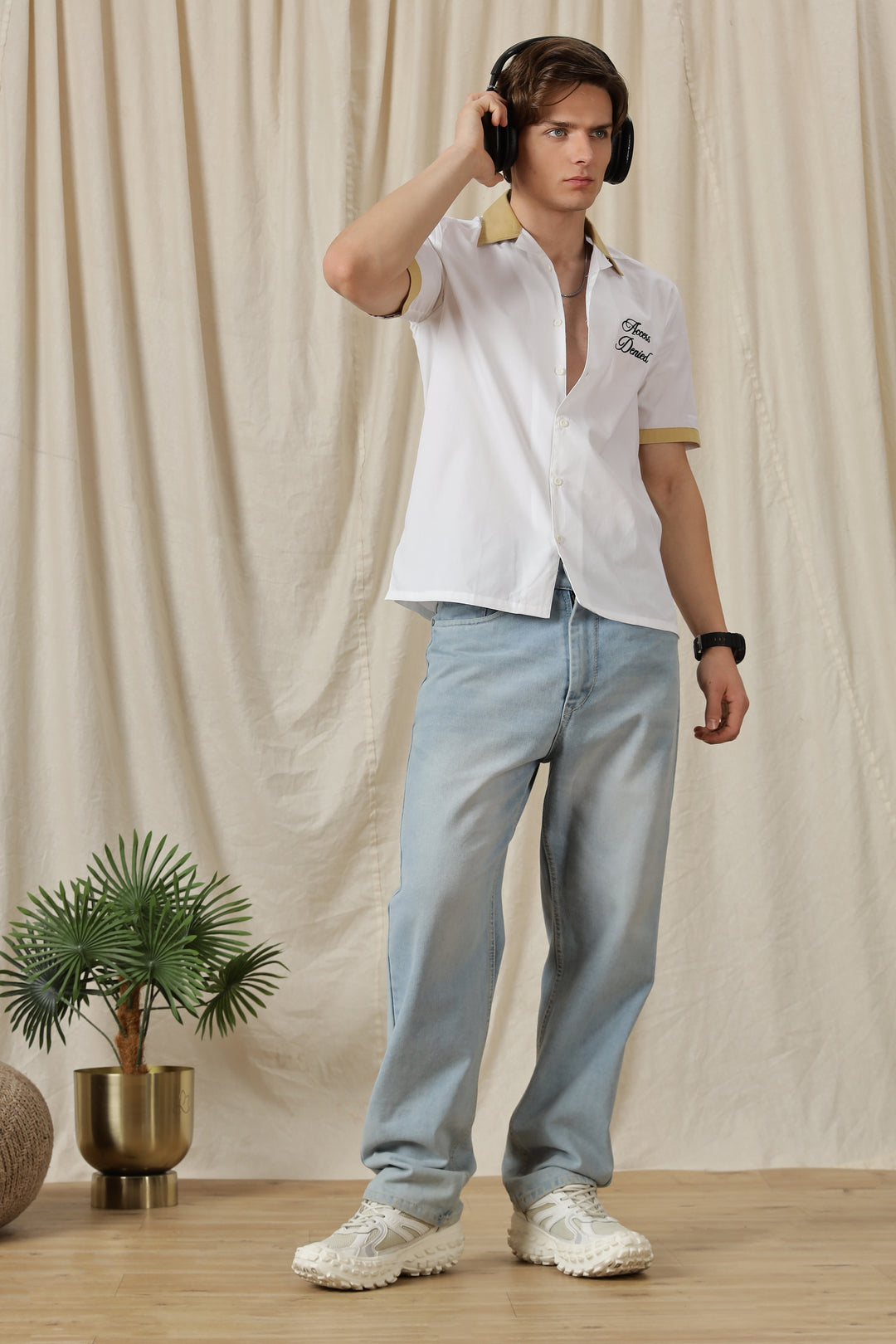 Access Denied: White Embroidery Cotton Cuban Shirt