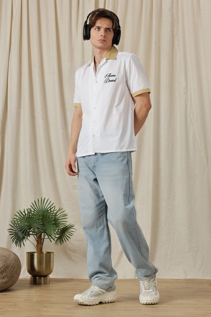 Access Denied: White Embroidery Cotton Cuban Shirt