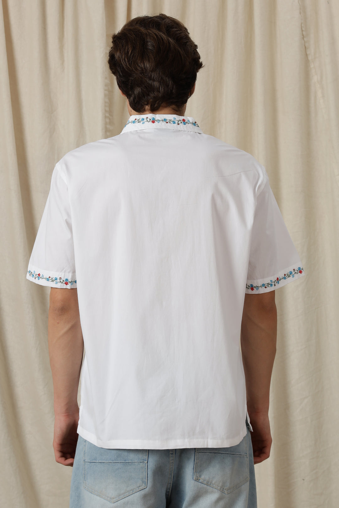 Floral Chain Embroidery: White Cuban Shirt