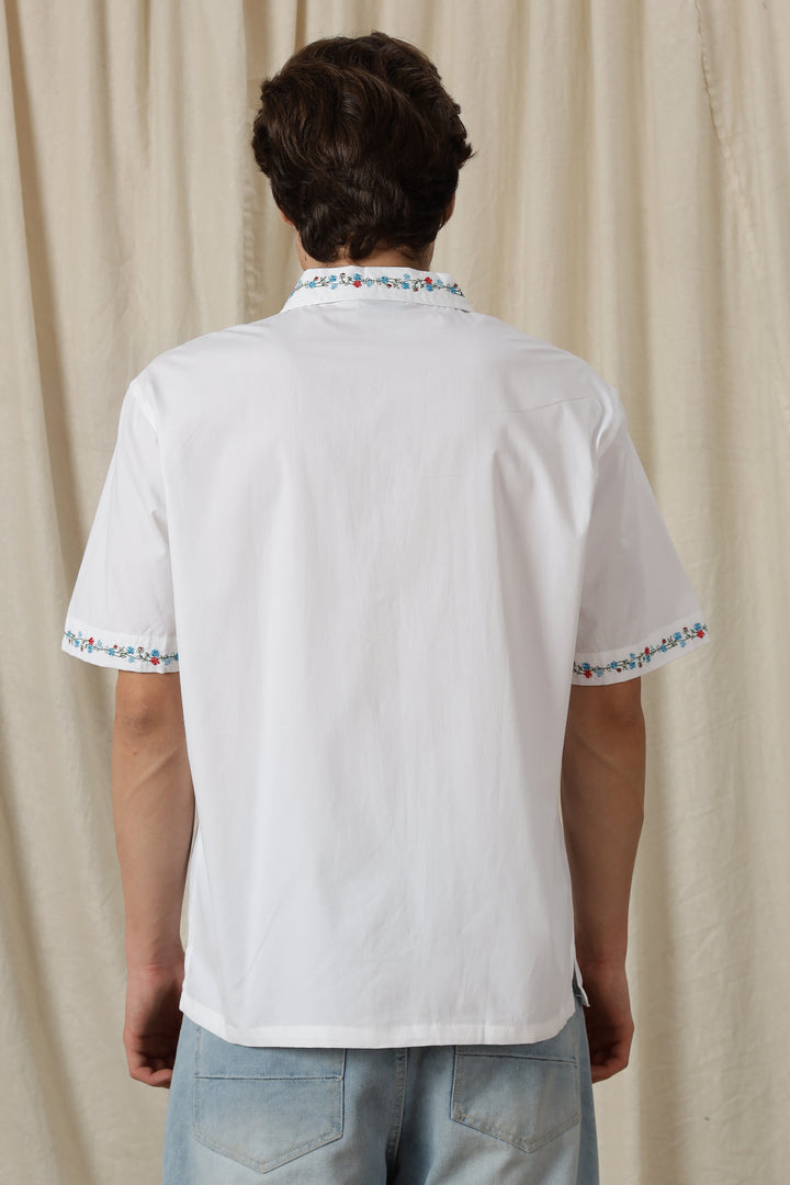 Floral Chain Embroidery: White Cuban Shirt