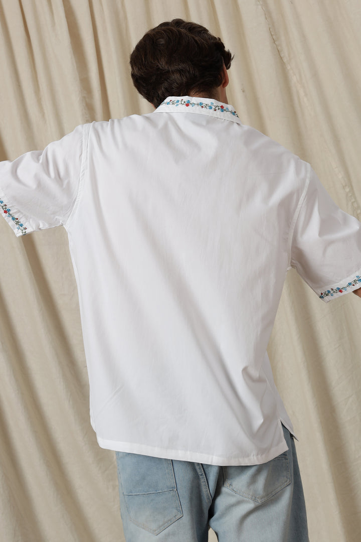 Floral Chain Embroidery: White Cuban Shirt