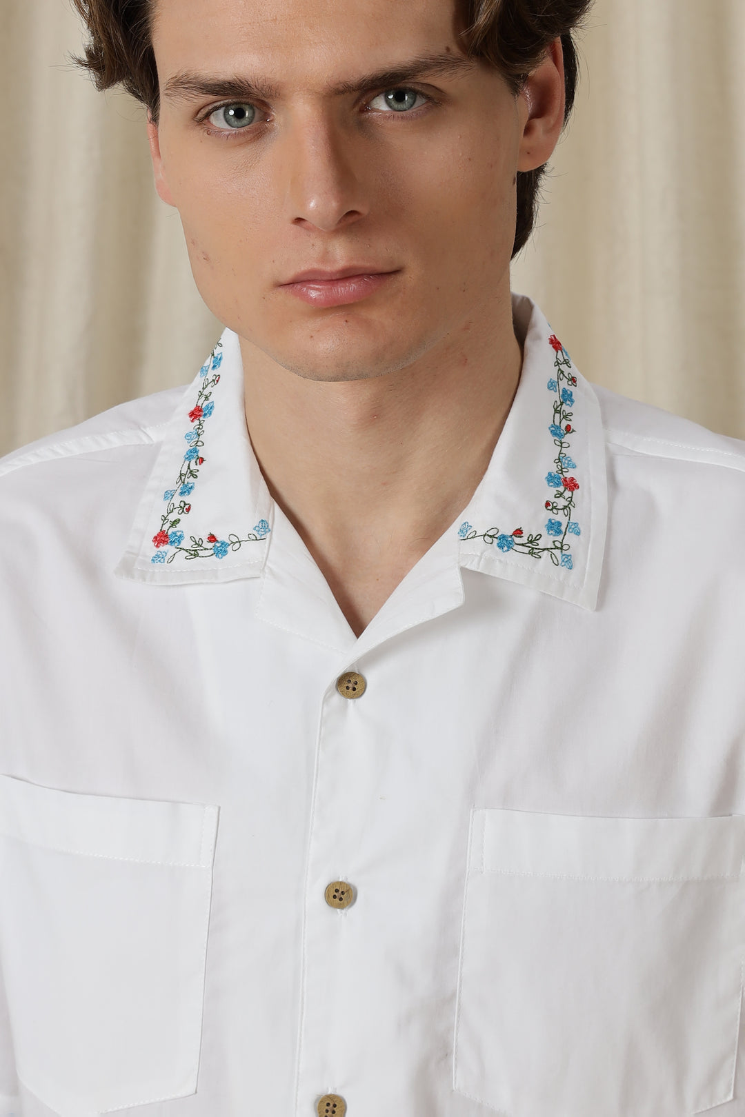 Floral Chain Embroidery: White Cuban Shirt
