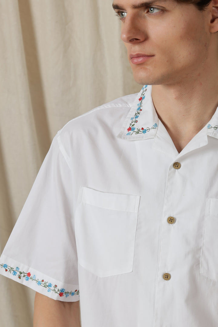 Floral Chain Embroidery: White Cuban Shirt