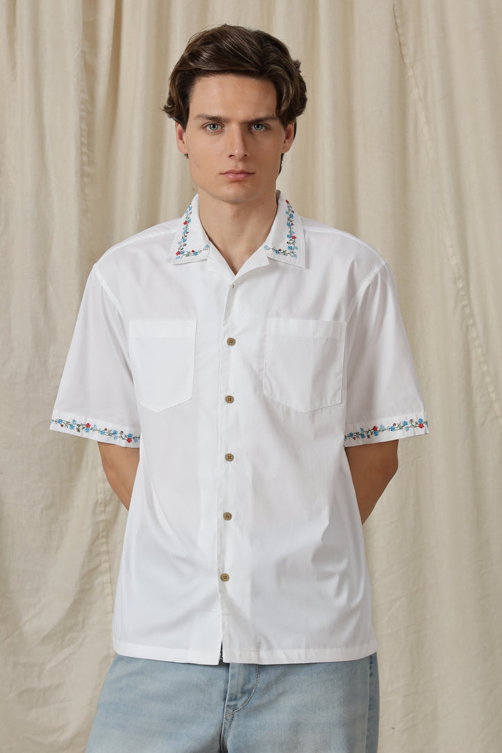 Floral Chain Embroidery: White Cuban Shirt