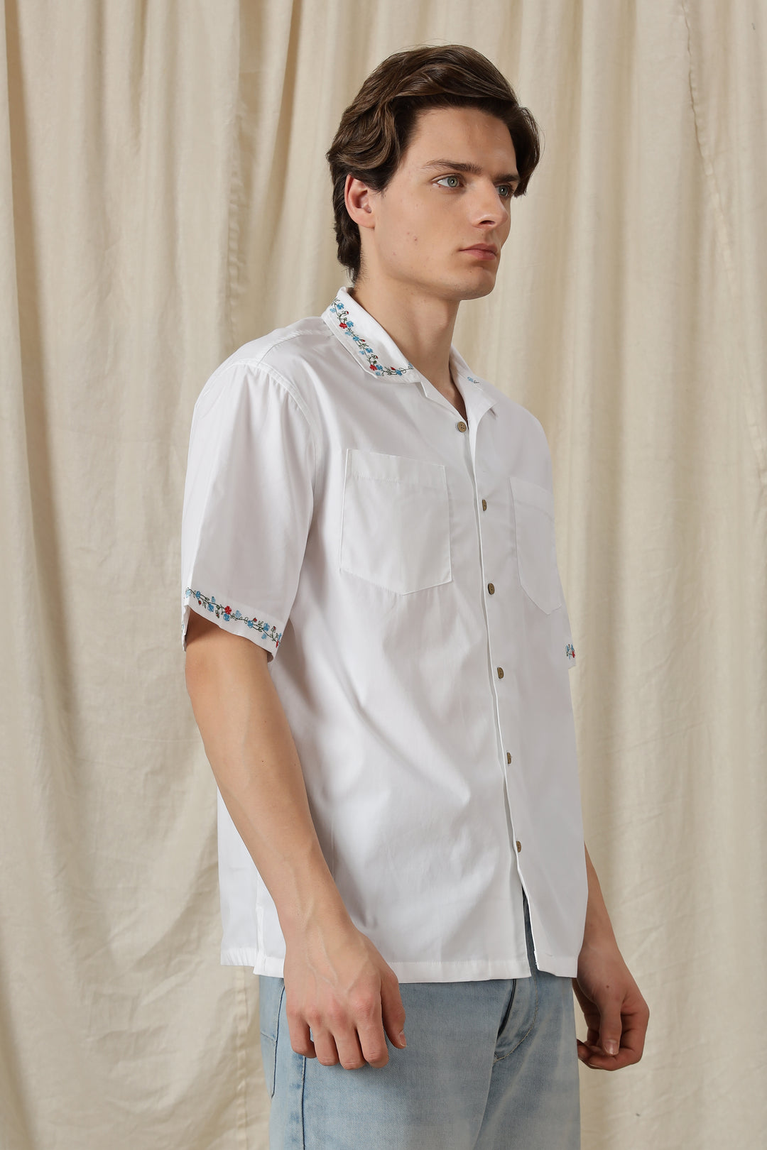 Floral Chain Embroidery: White Cuban Shirt