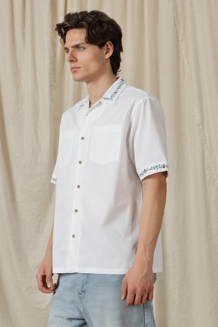 Floral Chain Embroidery: White Cuban Shirt