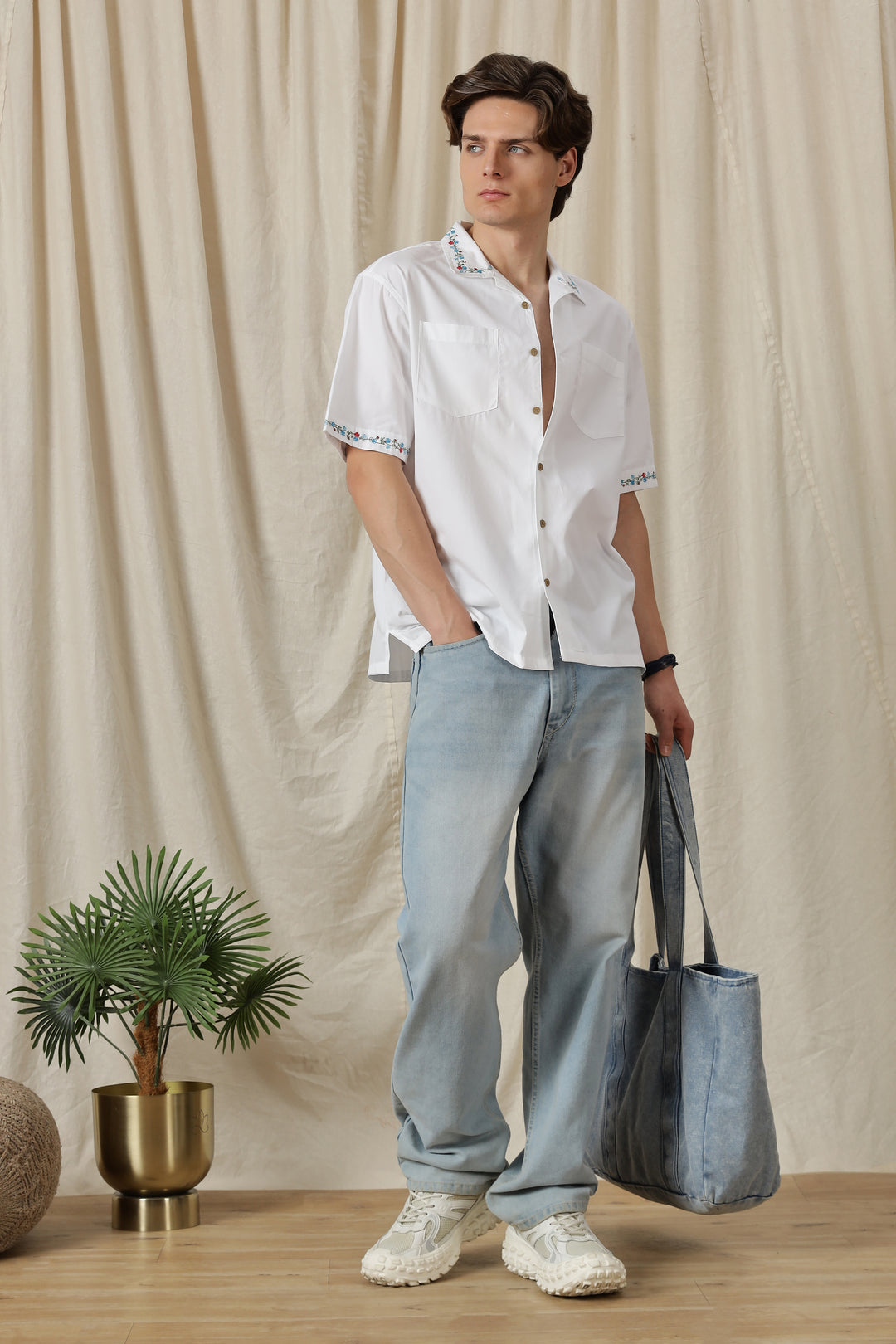 Floral Chain Embroidery: White Cuban Shirt