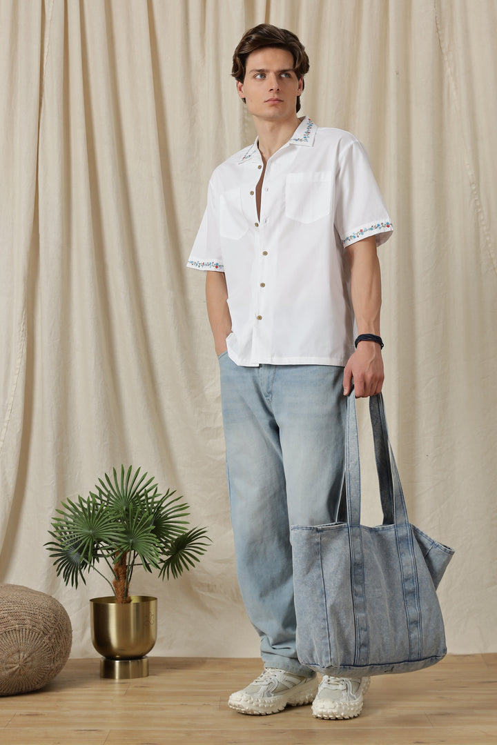 Floral Chain Embroidery: White Cuban Shirt