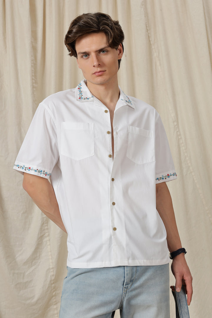 Floral Chain Embroidery: White Cuban Shirt