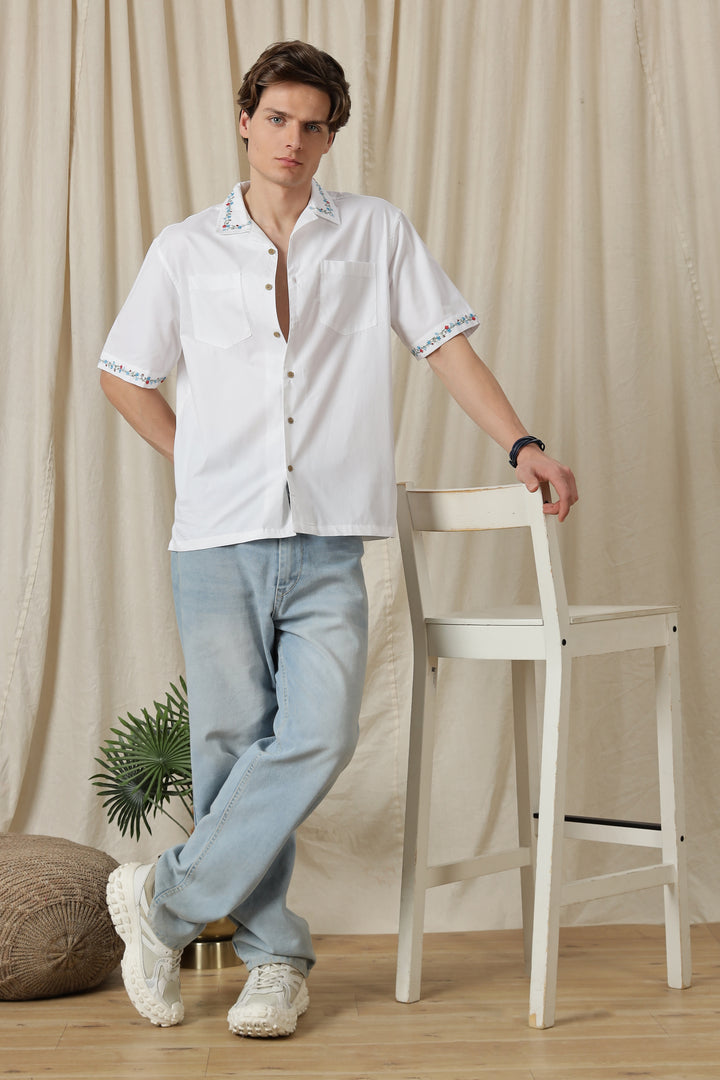 Floral Chain Embroidery: White Cuban Shirt