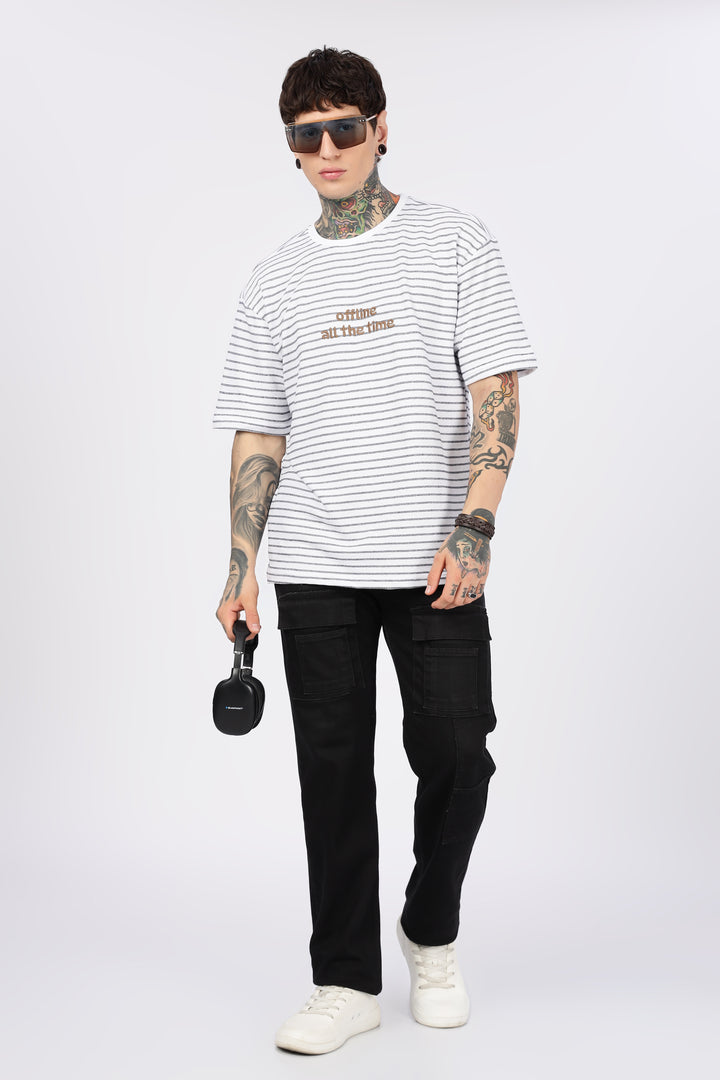 Offline: White Stripes Embroidery Oversized T-shirt