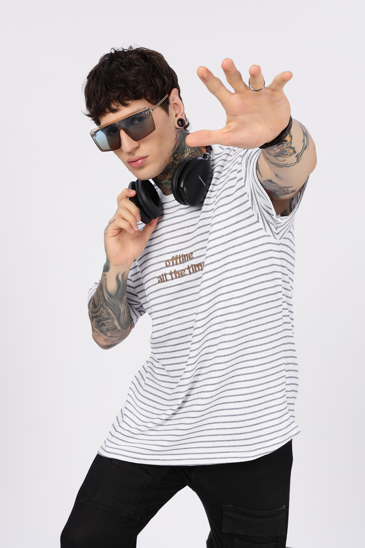 Offline: White Stripes Embroidery Oversized T-shirt
