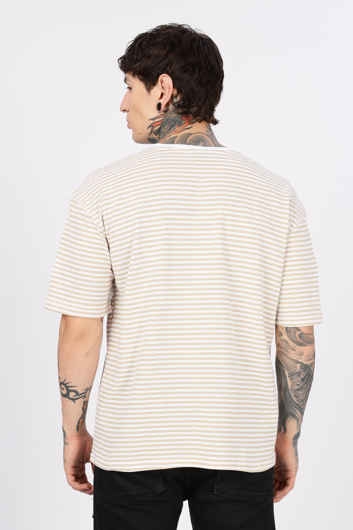 Vintage Ride: Embroidered Cream Stripes Oversized T-shirt