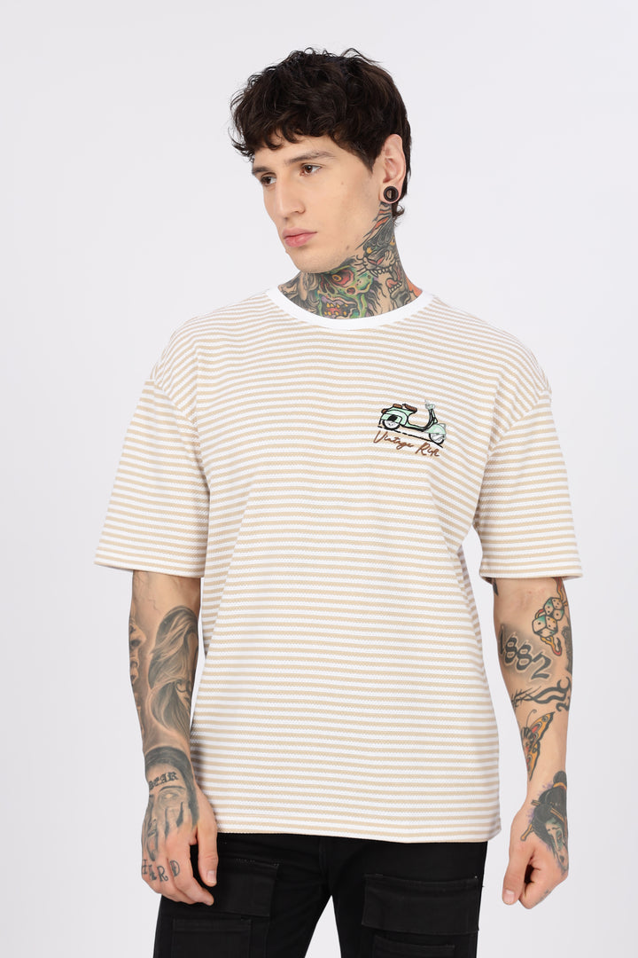 Vintage Ride: Embroidered Cream Stripes Oversized T-shirt