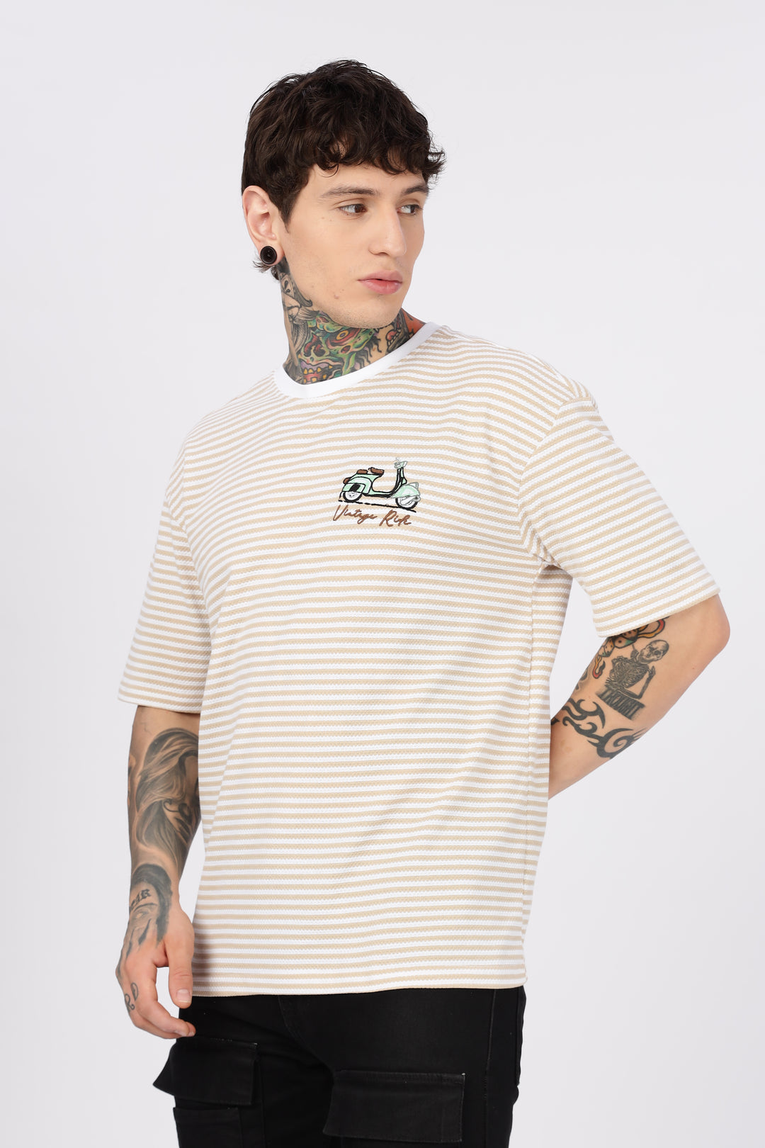 Vintage Ride: Embroidered Cream Stripes Oversized T-shirt