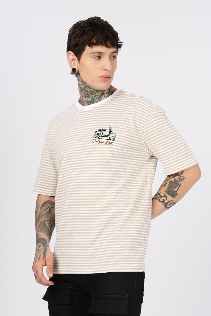 Vintage Ride: Embroidered Cream Stripes Oversized T-shirt