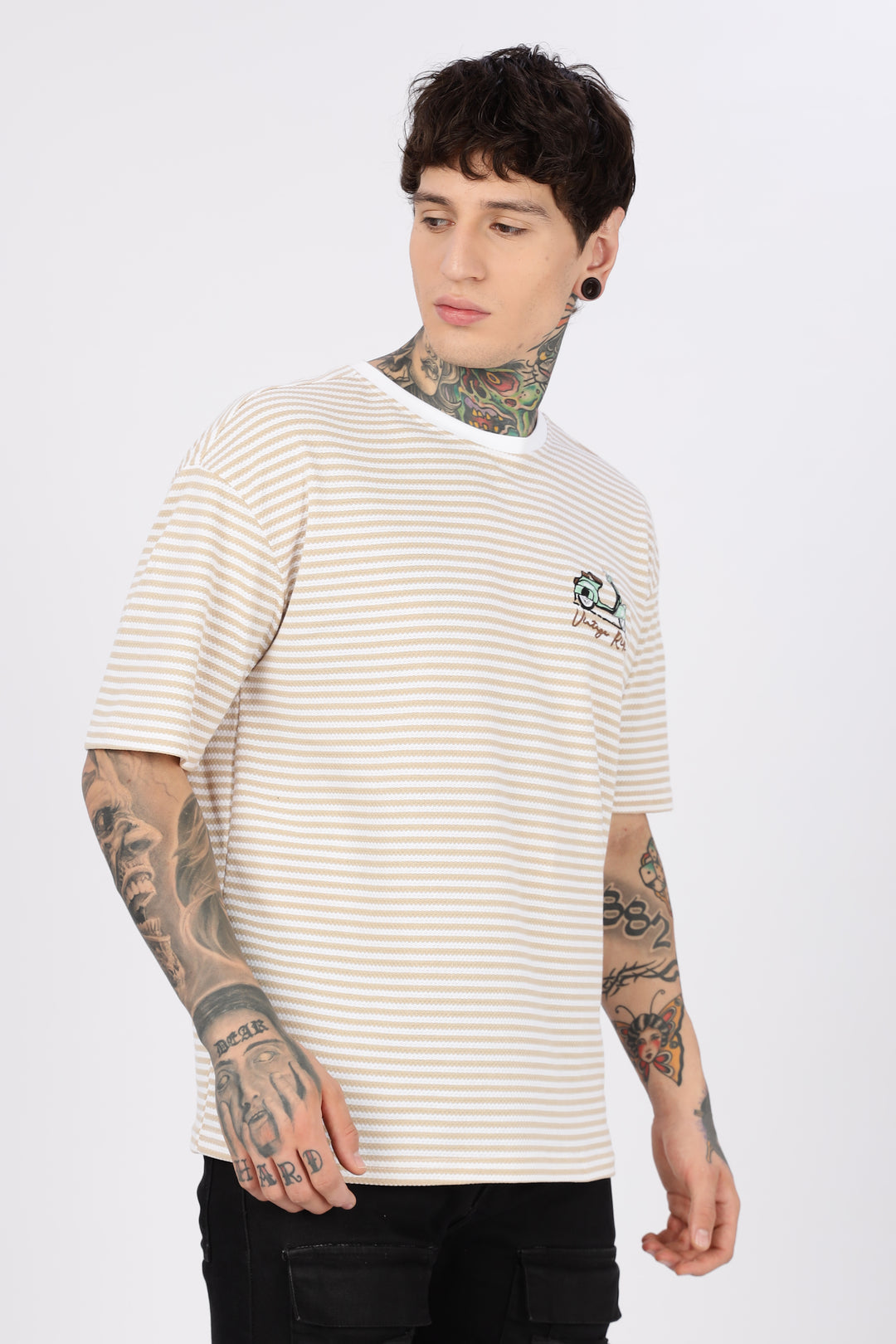 Vintage Ride: Embroidered Cream Stripes Oversized T-shirt